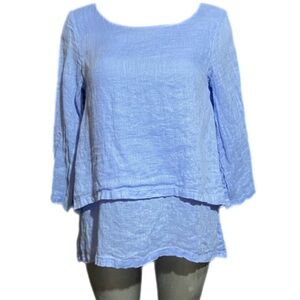 Crown Linen Blue Tiered Layered Top Loose Lagenlook Coastal Shabby-Chic Sz Small